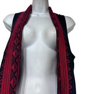 Vintage Suzie Red Black Open Front Sleeveless Vest Red Geometric Trim Festival